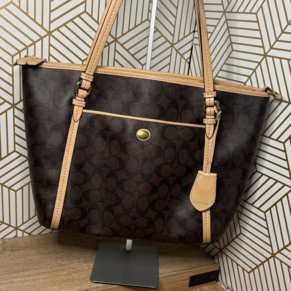 Coach Dark Brown and Tan Signature Tote Bag